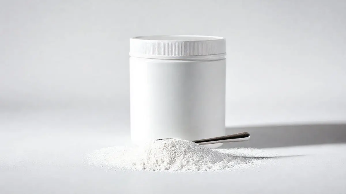 Pote de creatina verdadeira em pó de alta pureza, totalmente sem marca e com um dosador, simbolizando um suplemento de qualidade e confiança.