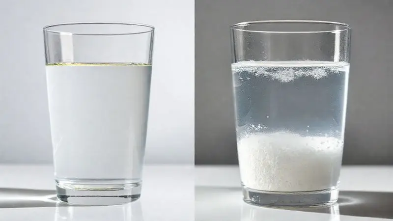 Comparativo visual para identificar creatina falsa versus pura, mostrando a diferença na dissolução em um copo com água.