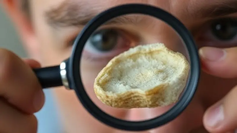Análise detalhada com uma lupa mostrando a textura e a cor da creatina empedrada para identificar se o suplemento estragou.