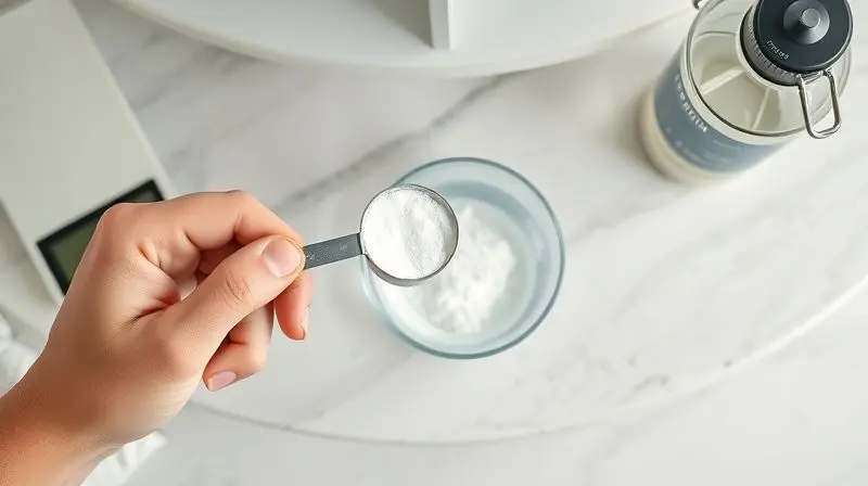 Pessoa preparando a dose correta de bicarbonato de sódio, misturando o pó em um copo de água para tomar antes do treino e obter melhores resultados.