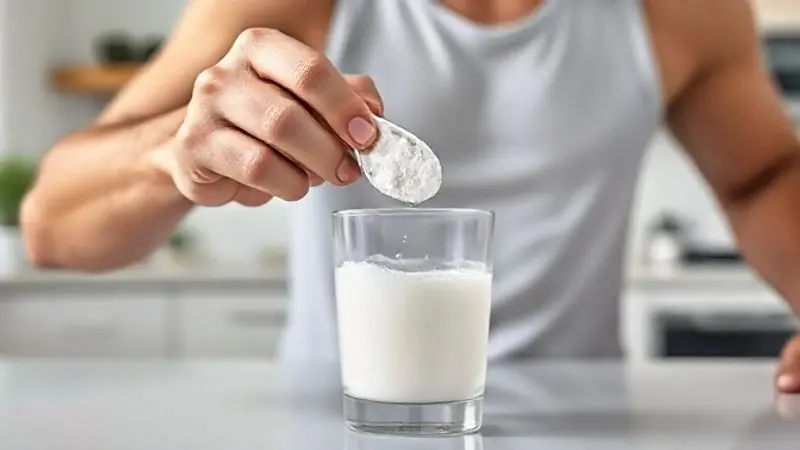 Pessoa preparando a dose correta de creatina, misturando o pó branco em um copo de água para consumo diário antes do treino.
