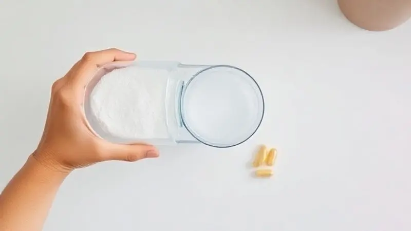 Mãos preparando a suplementação, misturando creatina em um shaker e com cápsulas de BCAA ao lado, mostrando como tomar a combinação corretamente.