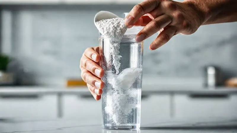 Pessoa preparando uma dose de Creatina Carbo Fuel, misturando o pó em uma coqueteleira com água para obter melhores resultados.