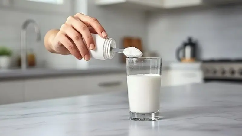 Pessoa medindo a dose de creatina em pó em um copo de água, demonstrando a forma segura de tomar o suplemento para minimizar riscos.