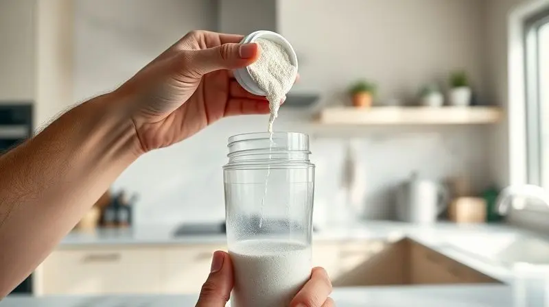 Pessoa preparando uma dose de creatina, misturando o pó em uma coqueteleira com água para otimizar os resultados.