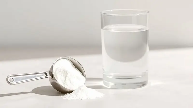 Um dosador com a quantidade exata de creatina em pó ao lado de um copo de água, ilustrando como tomar a dose diária correta do suplemento.