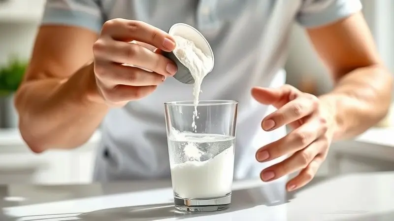 Pessoa misturando uma dose de creatina em pó em um copo de água, demonstrando a forma correta de tomar para maximizar os resultados.
