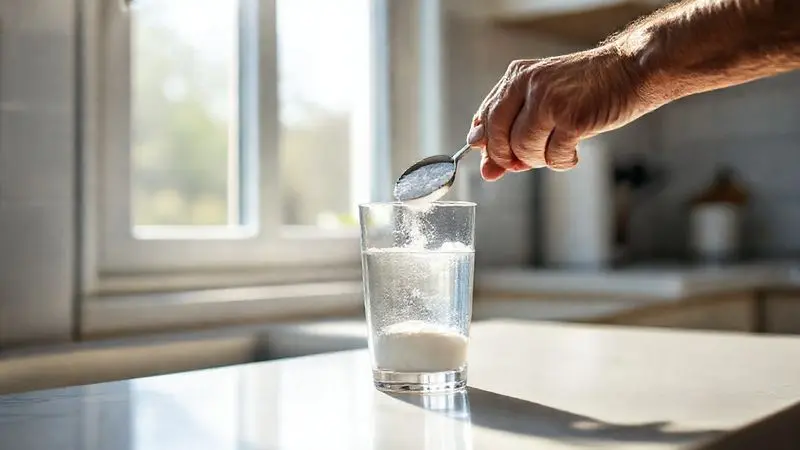 Idoso preparando sua dose diária de creatina, misturando o pó em um copo com água para garantir a forma correta de consumo.