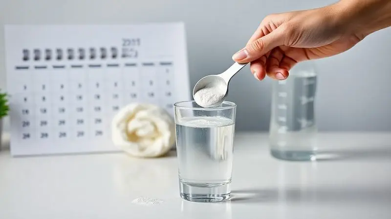 Pessoa dosando a creatina em um copo d'água, com uma garrafa de água e um calendário ao fundo, ilustrando a forma segura de tomar o suplemento com hidratação.