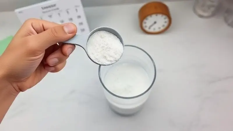 Pessoa misturando uma dose de creatina em pó em um copo de água, representando a forma correta de como tomar o suplemento.
