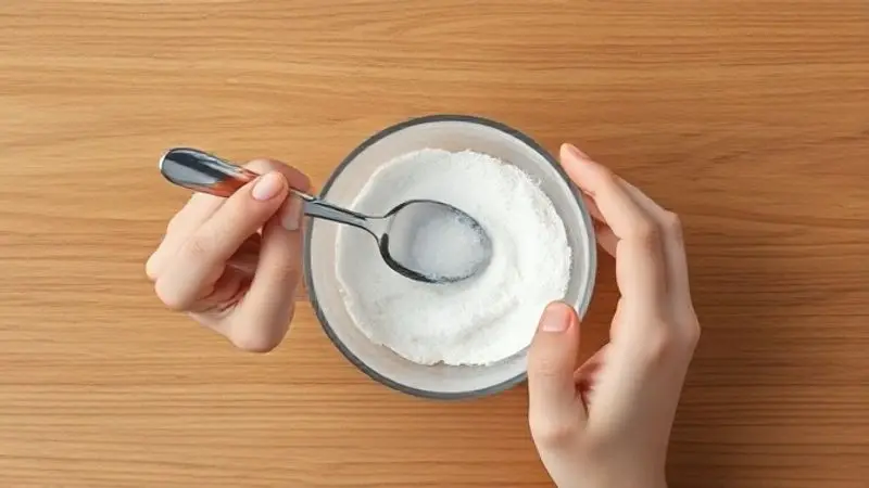 Mãos misturando uma dose de creatina em pó em um copo de água, demonstrando a maneira correta de preparar e tomar o suplemento.
