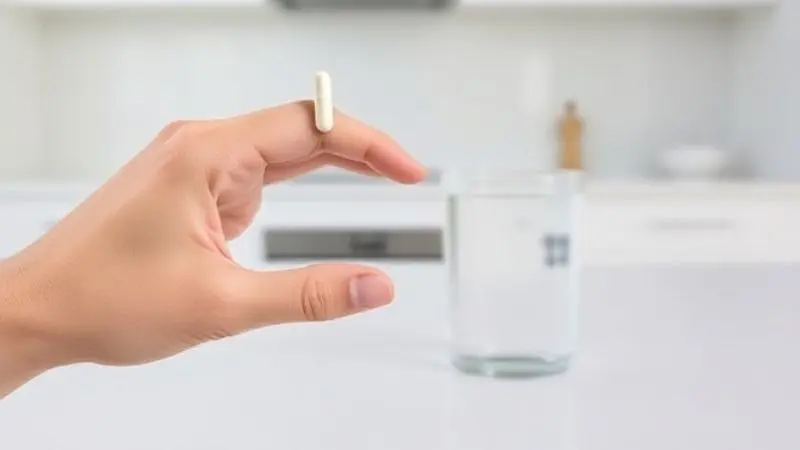 Mão segurando uma cápsula de creatina e um copo de água, ilustrando a forma correta e simples de como tomar o suplemento diariamente para obter os melhores resultados.