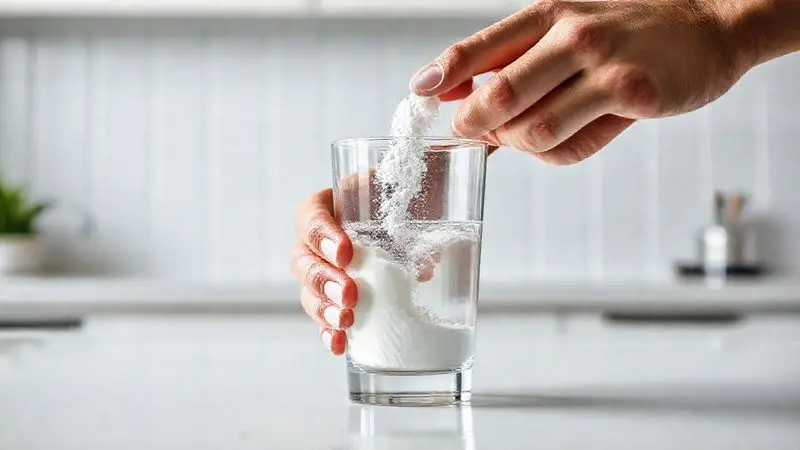 Pessoa misturando uma dose de creatina em um copo de água, demonstrando o modo de preparo e como tomar o suplemento corretamente.