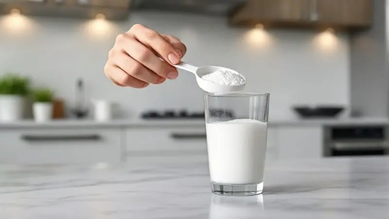 Pessoa medindo uma dose exata de creatina em pó, demonstrando como tomar o suplemento de forma segura para a saúde.