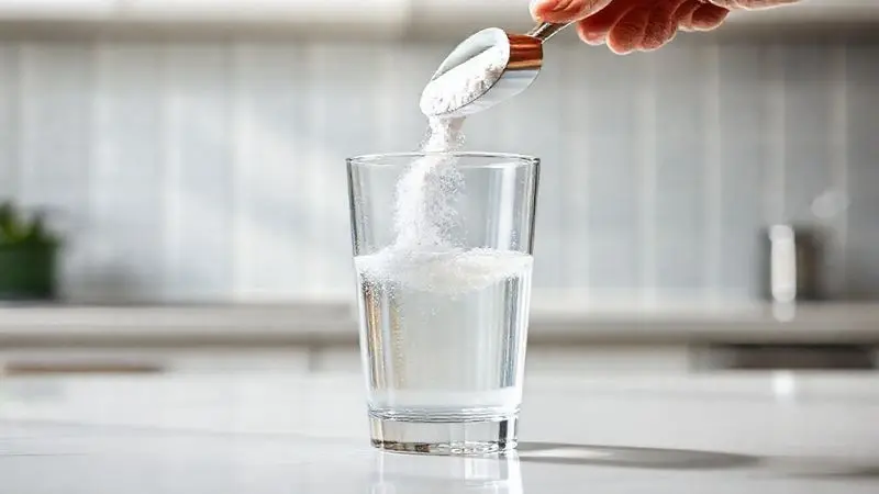 Pessoa preparando a dose de creatina em pó, despejando o suplemento em um copo com água para demonstrar a forma correta de consumo.