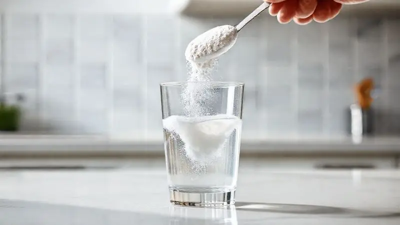Pessoa demonstrando como tomar Creatina Lavitan, misturando uma dose do suplemento em pó em um copo de água para o consumo correto.