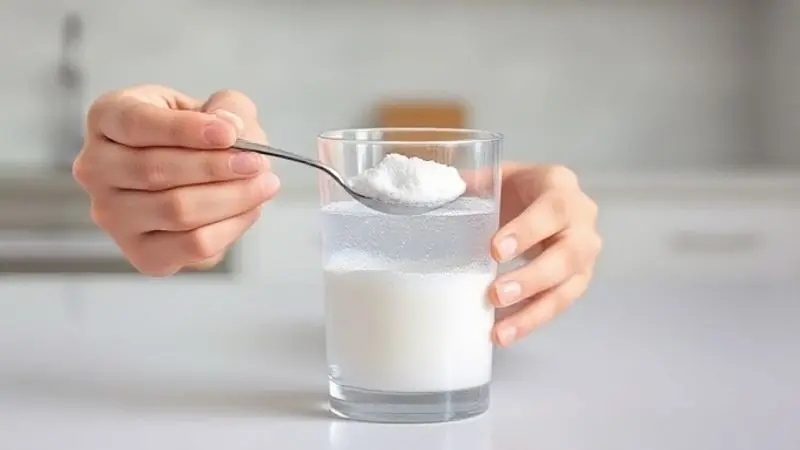 Pessoa misturando uma dose de creatina Probiótica em um copo com água, ilustrando o modo de preparo correto do suplemento.