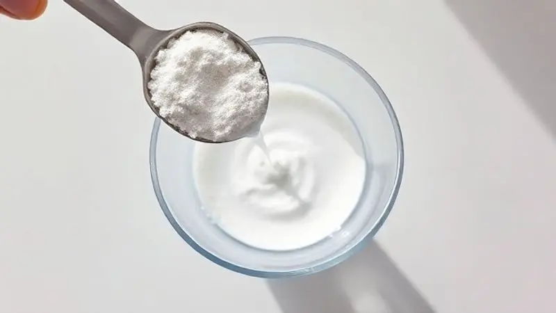 Guia visual de como tomar creatina corretamente, com uma colher do pó sendo misturada em um shaker com água em uma bancada limpa.