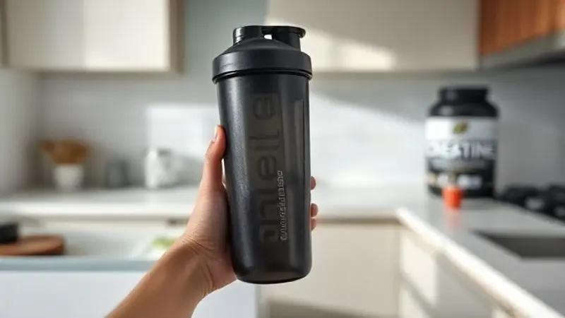 Pessoa preparando a dose correta de Creatine Turbo em uma coqueteleira preta, demonstrando o modo de preparo ideal do suplemento.