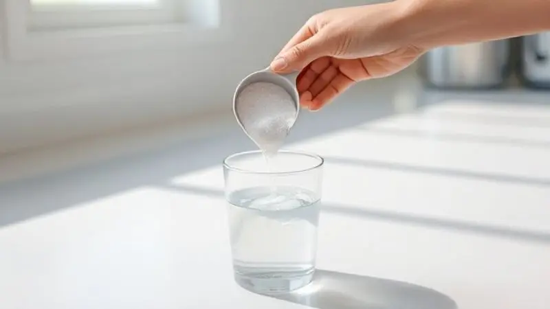 Pessoa preparando o suplemento de creatina pela manhã, despejando o pó em um copo de água para ilustrar o modo de consumo.