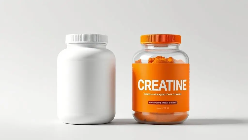 Dois potes de creatina, um branco e um colorido, lado a lado em um fundo de estúdio, representando o comparativo entre as versões sem sabor e com sabor.