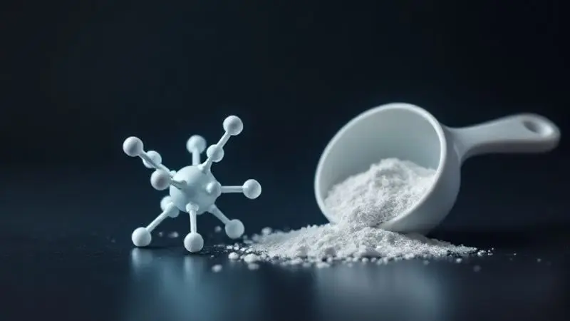 Detalhe da composição e ingredientes da creatina, mostrando uma estrutura molecular e o pó do suplemento em uma colher medidora.