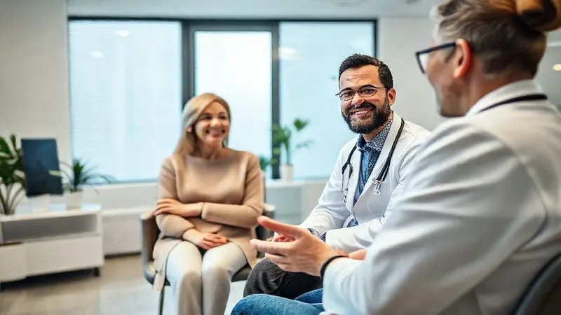 Um paciente conversando com um médico ou nutricionista em um consultório, destacando a importância da consulta profissional antes de tomar creatina.