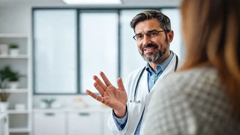 Profissional de saúde em consultório, aconselhando sobre o uso seguro e as contraindicações de suplementos como a creatina.