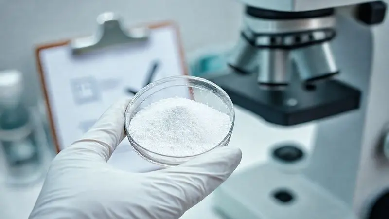Análise laboratorial da creatina em pó para garantir a pureza e a aprovação nos laudos de qualidade, como os da ABENUTRI e ANVISA.