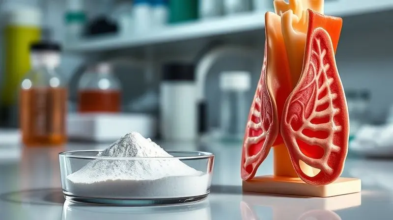 Análise da relação entre creatina em pó e um modelo anatômico da tireoide em laboratório, representando a pesquisa sobre seus efeitos na função tireoidiana.