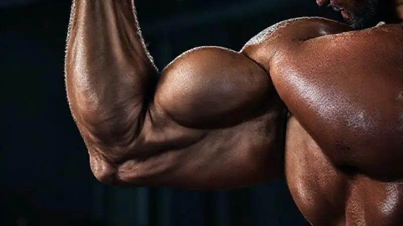Close-up de um músculo de bíceps contraído durante um treino intenso de musculação, representando o ganho de massa muscular e a hipertrofia.