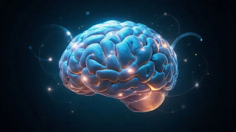 Imagem conceitual de um cérebro humano saudável com energia sutil, representando foco e clareza mental.