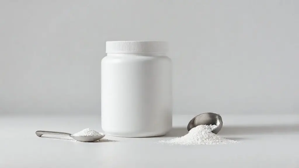 Pote de creatina minimalista e sem marca com um dosador ao lado, em um fundo de estúdio, representando os benefícios do suplemento para quem não treina.