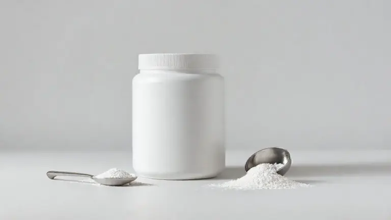 Pote de creatina minimalista e sem marca com um dosador ao lado, em um fundo de estúdio, representando os benefícios do suplemento para quem não treina.