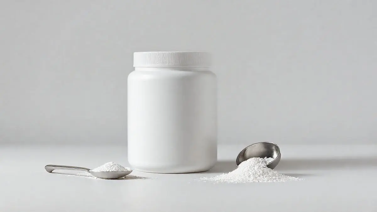 Pote de creatina minimalista e sem marca com um dosador ao lado, em um fundo de estúdio, representando os benefícios do suplemento para quem não treina.