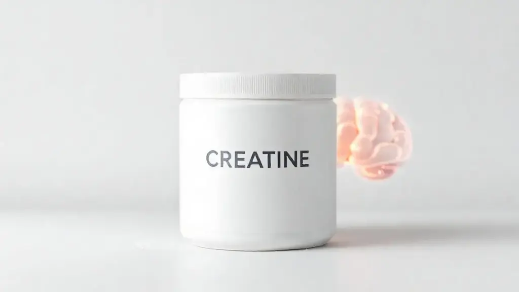 Pote de creatina sem marca ao lado de uma representação de um cérebro saudável, ilustrando os benefícios do suplemento para a saúde mental e função cognitiva.