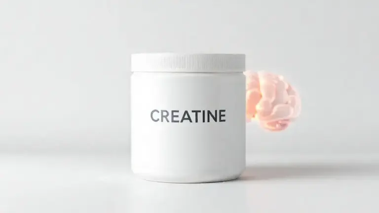 Pote de creatina sem marca ao lado de uma representação de um cérebro saudável, ilustrando os benefícios do suplemento para a saúde mental e função cognitiva.