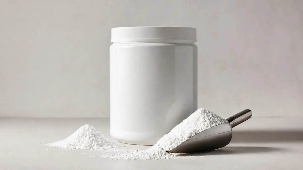 Pote de Creatina Carbo Fuel em um fundo de estúdio profissional, destacando a embalagem do suplemento e uma colher de medida com o pó ao lado.