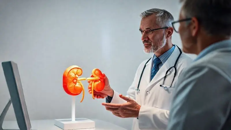 Médico explicando o funcionamento saudável dos rins a um paciente, desmistificando a ideia de que a creatina causa problemas renais.