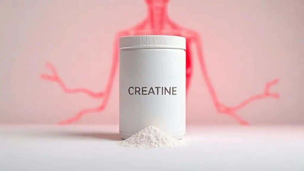 Um pote de creatina em pó totalmente sem marca ao lado de um medidor, em fundo de estúdio com uma ilustração sutil de vasos sanguíneos.