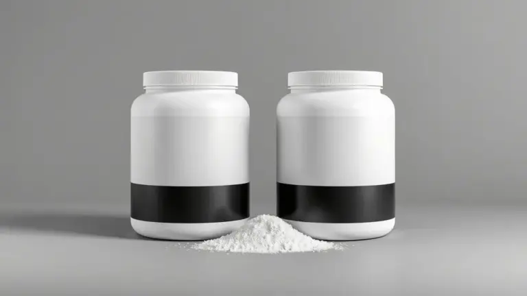 Dois potes de suplementos totalmente sem marca, representando a combinação de creatina e beta alanina, em uma composição de estúdio profissional e simétrica.