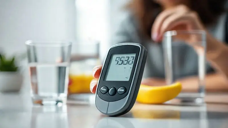 Glicosímetro exibindo um nível de açúcar no sangue saudável e estável, com uma pessoa preparando creatina ao fundo, ilustrando o controle glicêmico.