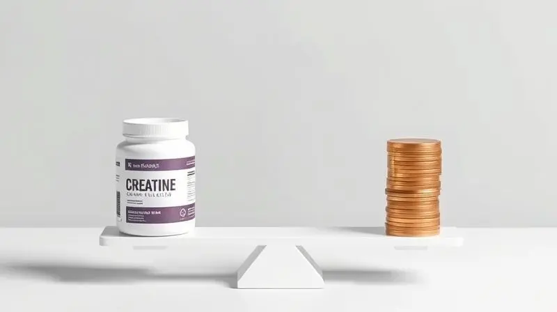 Balança de precisão equilibrando um pote de creatina e moedas, ilustrando o bom custo-benefício e o valor do investimento no suplemento.