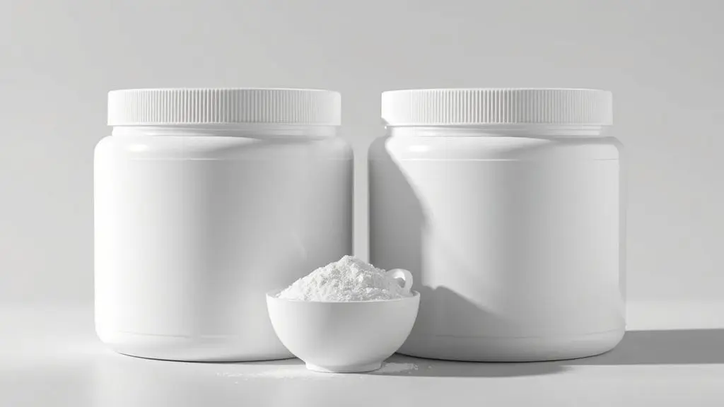 Comparativo entre a Creatina Dux Monohidratada e a Creapure, com dois potes do suplemento lado a lado em um fundo neutro de estúdio.