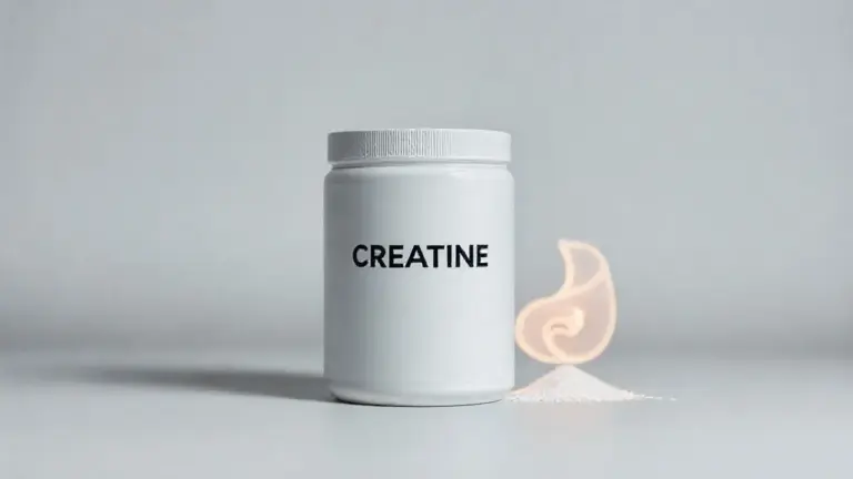 Um pote de creatina sem marca ao lado de uma representação de um estômago saudável, ilustrando a relação entre creatina e gastrite e se é seguro tomar.