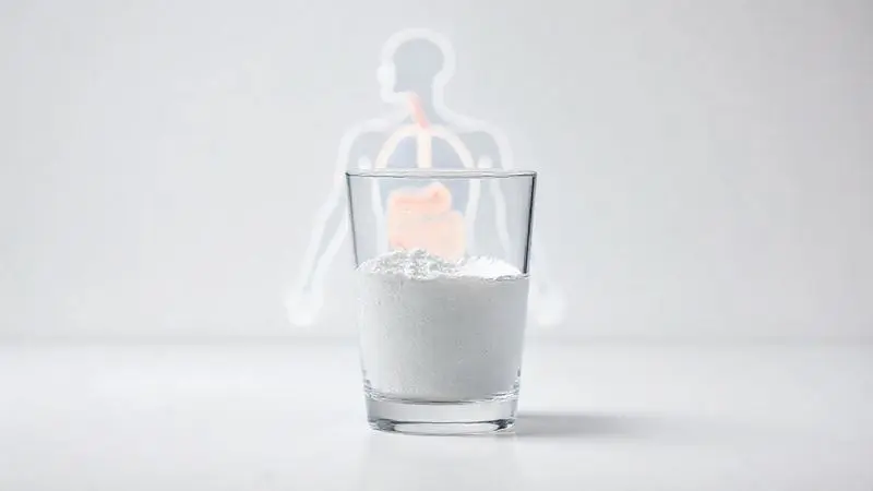 Ilustração conceitual mostrando a creatina sendo dissolvida em água com o sistema digestivo ao fundo, explicando a sua relação.