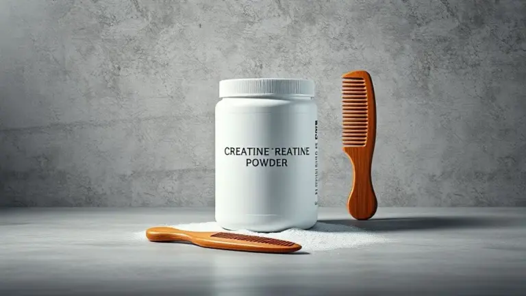 Pote de creatina em pó ao lado de um pente, ilustrando a conexão entre o suplemento e a preocupação com a queda de cabelo.