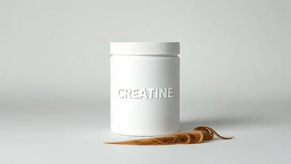Um pote branco de creatina sem marca ao lado de um fio de cabelo, ilustrando a relação entre o suplemento de creatina e a potencial queda de cabelo.