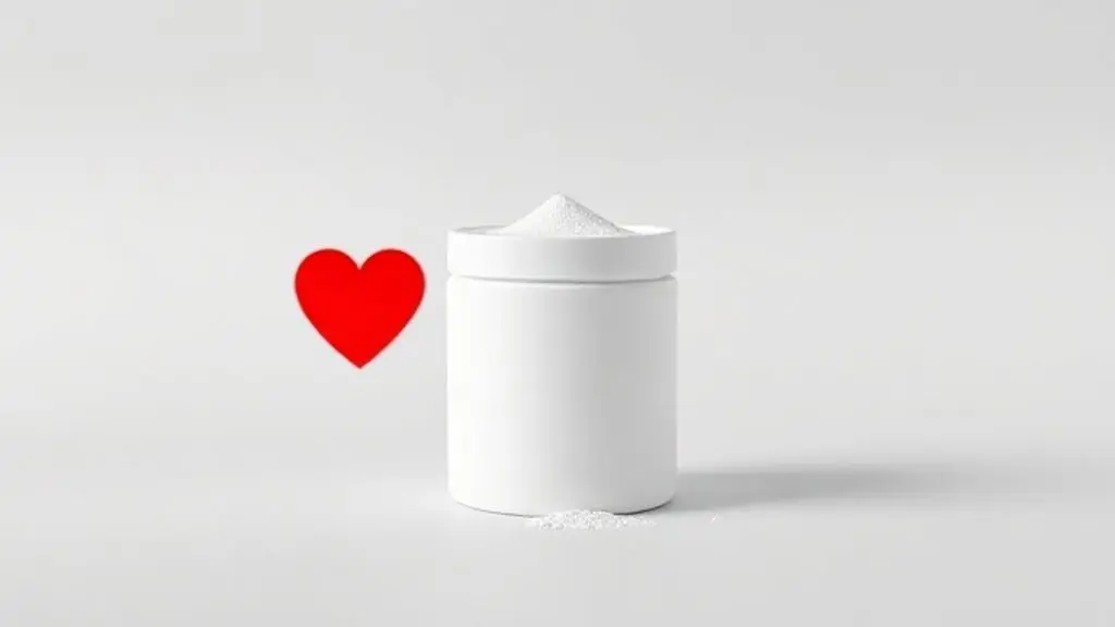 Pote de creatina em pó totalmente sem marca ao lado de um símbolo de coração, representando a relação entre o suplemento e a saúde do coração.