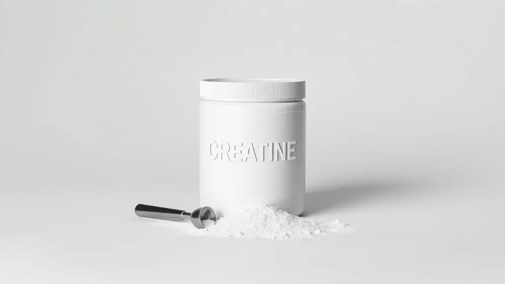 Pote de creatina em pó totalmente sem marca ao lado de um dosador, em fundo branco, questionando se o suplemento é seguro para a saúde do fígado e rins.